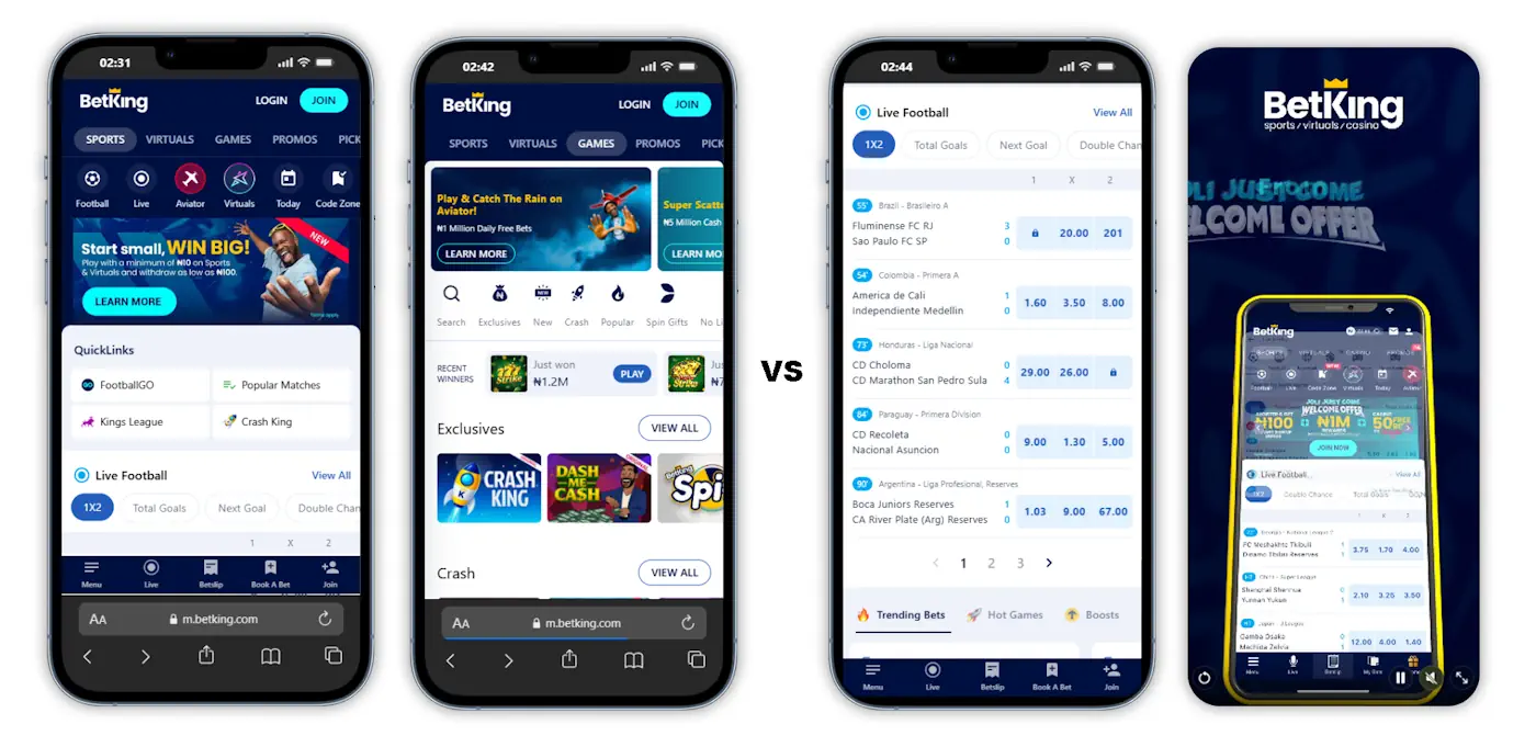 BetKing Mobile site vs mobile app Screenshot